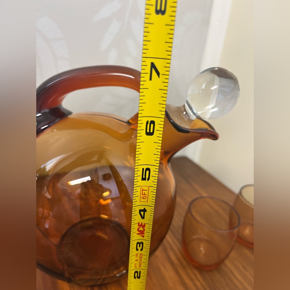 Vintage Cambridge Amber Glass Tilt Ball Cordial Decanter w/2 Glasses - Picture 10 of 13